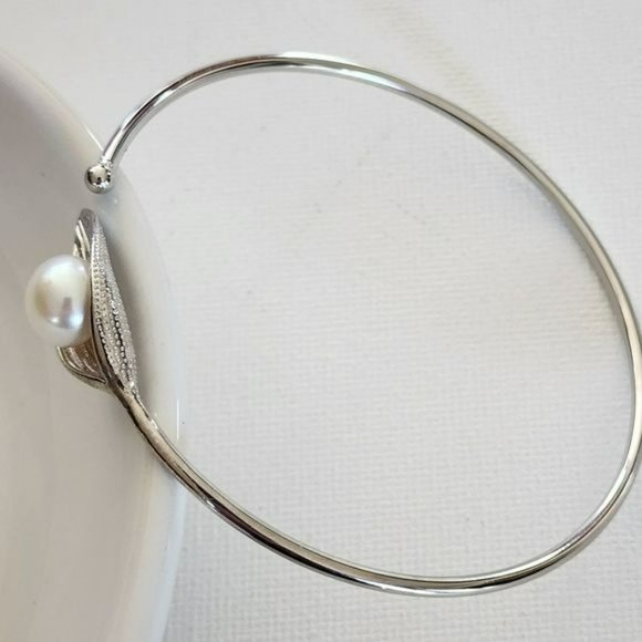 925S Silver 10mm Real Cultured White Freshwater‎ Pearl Solitaire Bangle Bracelet - Picture 12 of 14